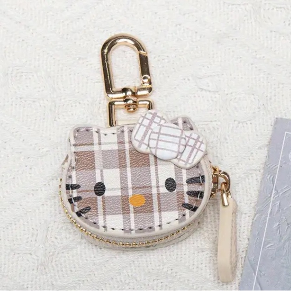 Hello Kitty Head Mini Coin Purse Bag Charm Keychain Plaid Bow